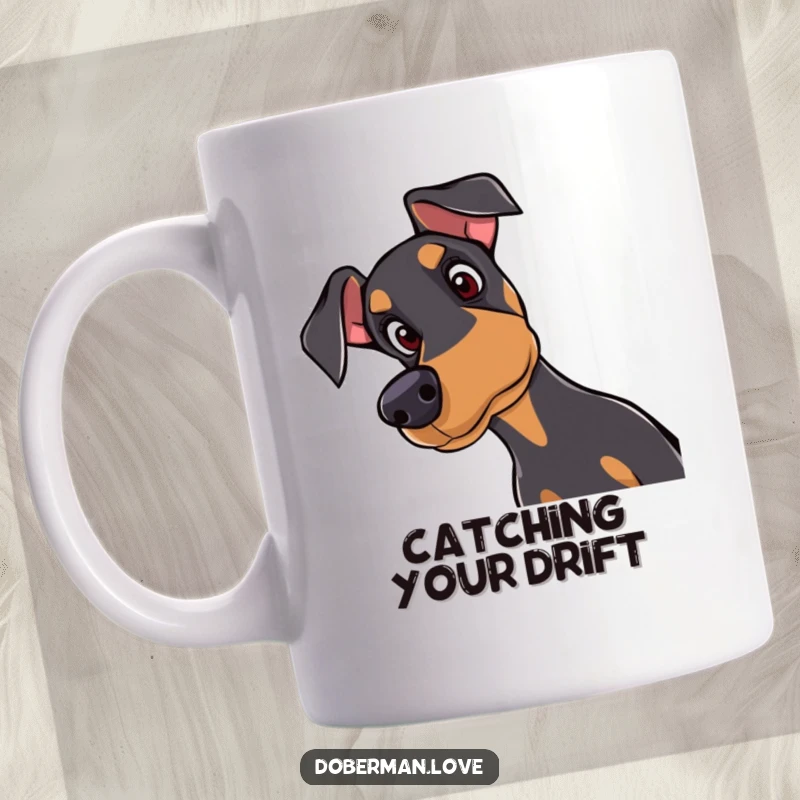 Funny Doberman mug showing a curious dog tilting its head with attentive eyes, capturing pure canine curiosity and intelligence perfectly.