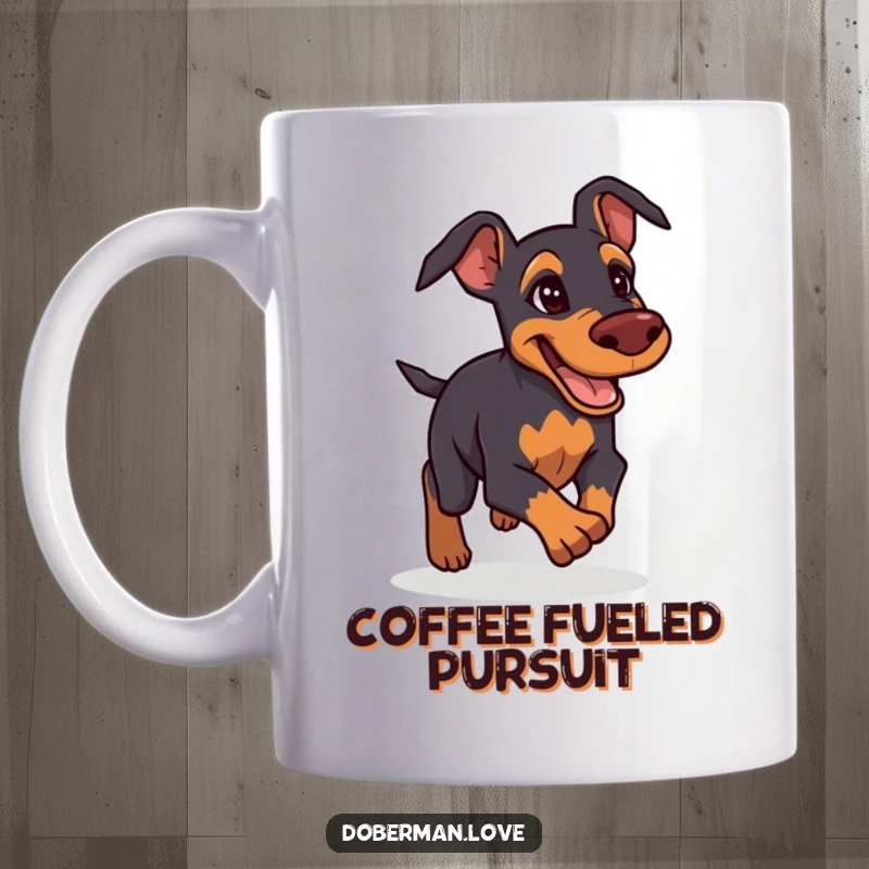 Funny Doberman Mug: Determined but friendly Doberman giving chase, energetic and humorous canine design.