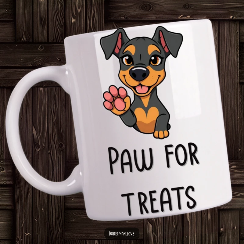 Funny mug showcasing a Doberman dog with a mischievous glint in its eye, offering a paw for a handshake.