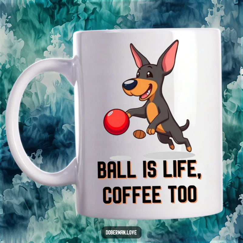 Funny Doberman Mug: Playful Doberman leaping mid-air to catch a shiny red ball, energetic and fun canine design.