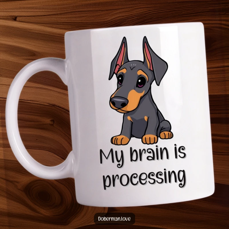 Funny Doberman Mug: Sleek dog with alert ears looking thoughtfully curious, intelligent and contemplative canine artwork.