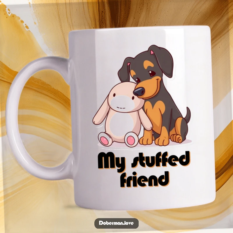 Funny Doberman nudging a large plush toy with playful excitement on this mug, a perfect gift for dog lovers.