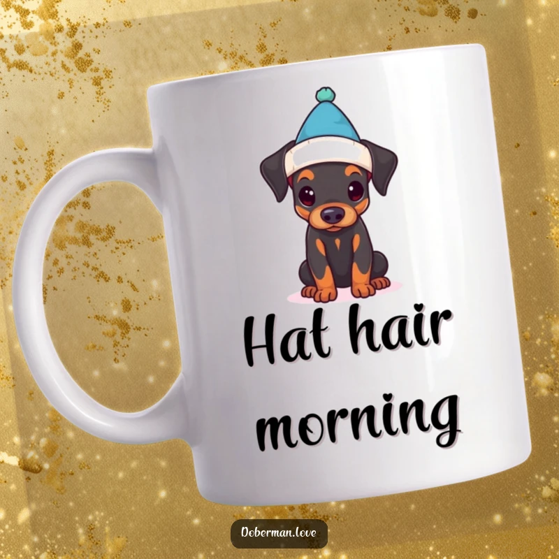 Funny mug with a cute Doberman puppy adorably failing to wear a tiny hat, looking confused and fluffy.