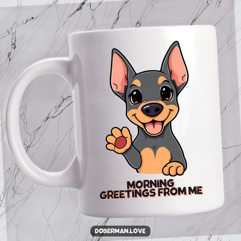 Funny Kawaii Doberman mug showing a cute dog offering an open, friendly paw, inviting interaction and warmth for dog enthusiasts.