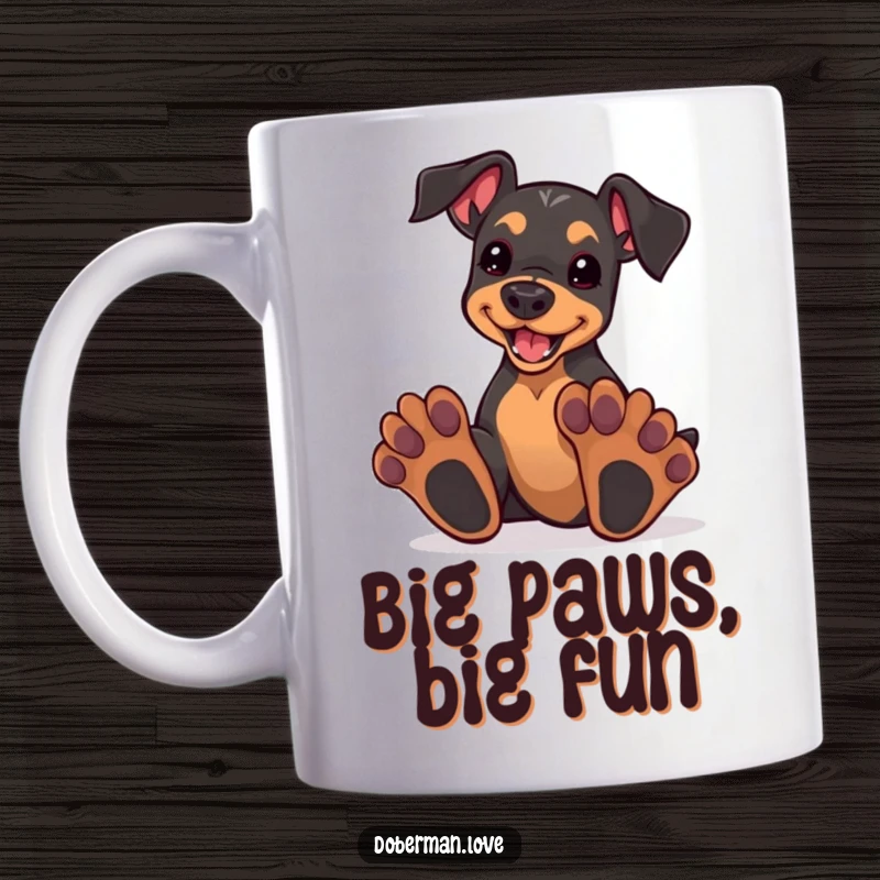 Funny kawaii doberman puppy with comically oversized paws, enthusiastically playing on a mug, radiating puppy energy.
