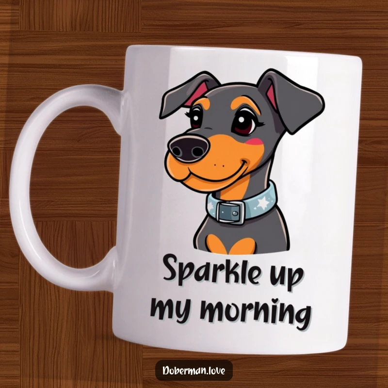 Funny doberman mug featuring a whimsical dog wearing a stylish, sparkling collar, exuding charm and a hint of playful luxury.