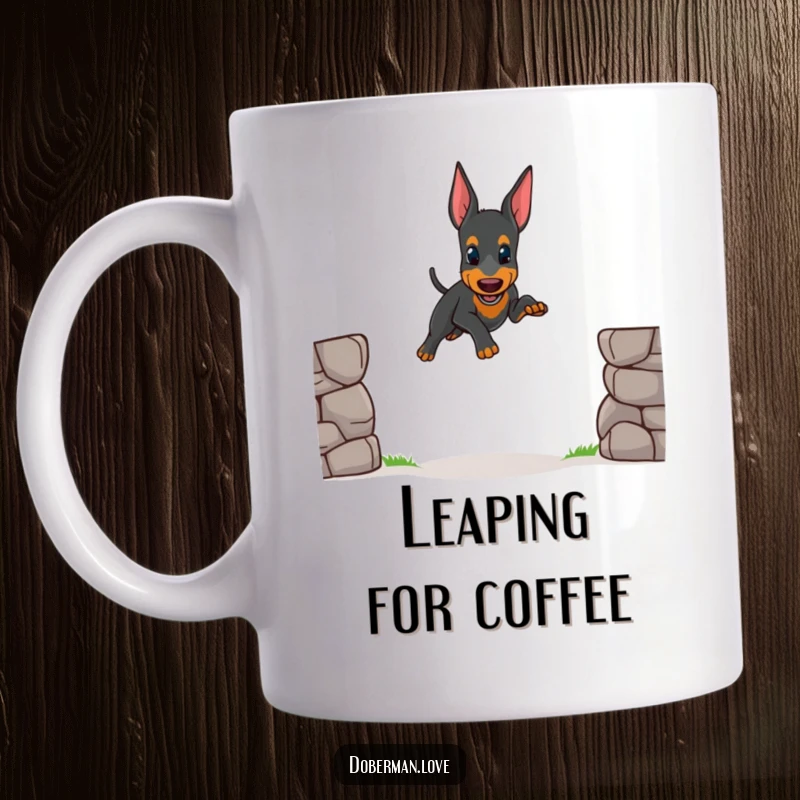 Funny mug illustration of a small, determined Doberman puppy attempting a wobbly jump over a tiny gap, showing concentration and slight awkwardness.