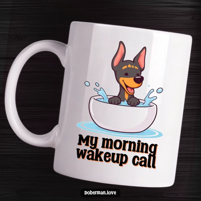 Funny Doberman Mug: Adorable kawaii dog joyfully splashing water in a bowl, showing pure, playful happiness.