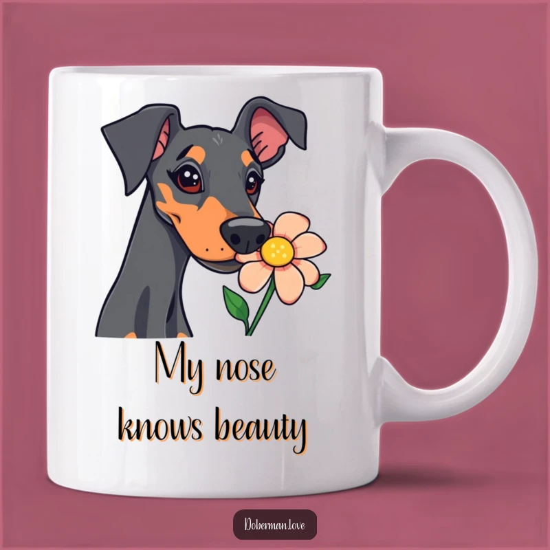 Funny Doberman Sniffing Flower Mug: A Hilarious Canine Curiosity Gift