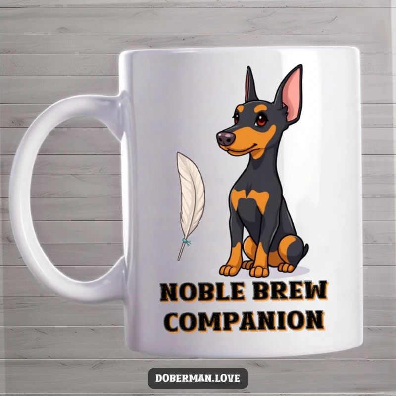 Funny Mug showing a Doberman in a proud stance, intently observing a single fluttering feather, symbolizing grace and focus.