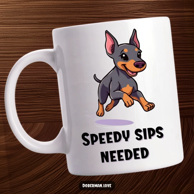 Funny little Doberman mug showing a dog with a sleek coat running with impressive speed, full of energetic humor.