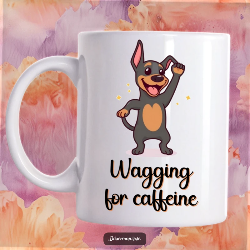 Funny mug illustration of a gleeful Doberman dog energetically wagging its tail in a happy dance, showcasing extreme excitement and joy.