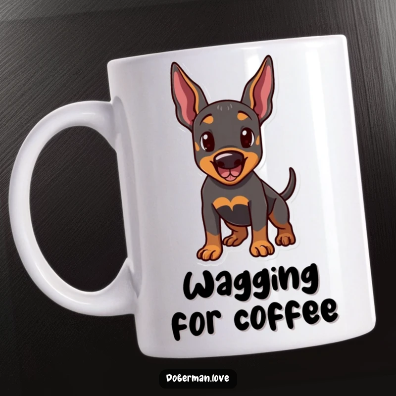 Funny mug featuring a Doberman dog with perked ears and a wagging tail, in a playful stance, ready for action. Humorous and spirited canine art.