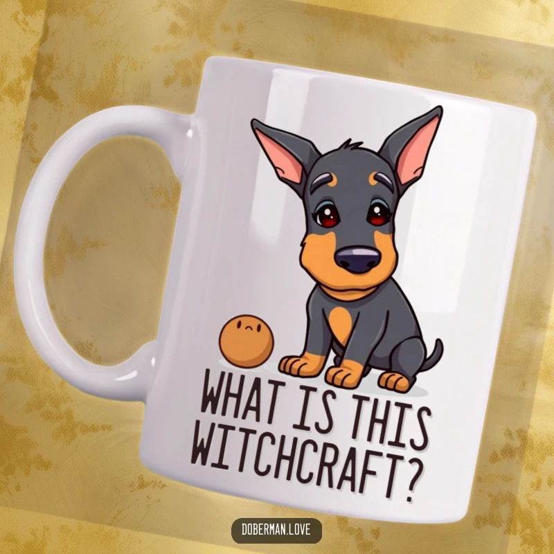 Funny Doberman mug with a curious tilted head, sniffing an unknown object intently, showcasing a humorous and inquisitive personality.