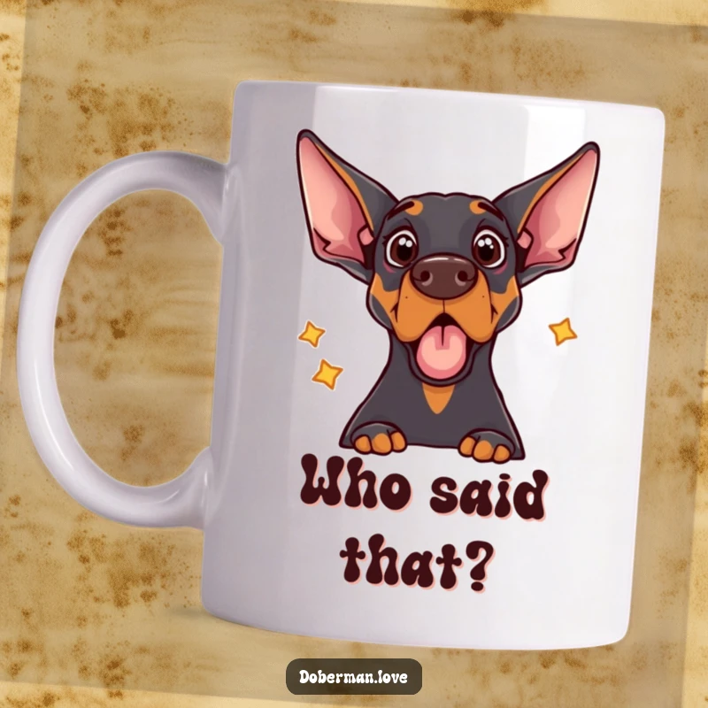 Funny mug showcasing a Doberman dog with a comically surprised expression, startled by the sound of its own echo.