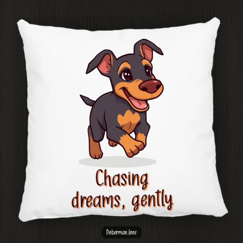 Funny Doberman Pillow: Determined and friendly Doberman giving chase, soft and humorous accent pillow.