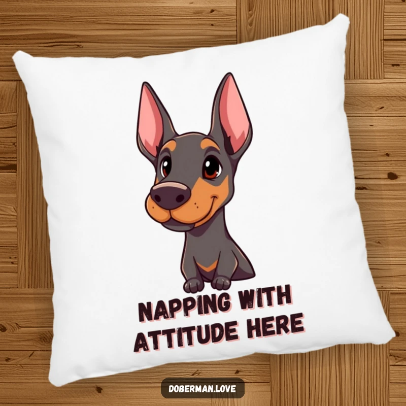 Funny Doberman pillow featuring a proud dog with an attentive head tilt, offering comfort and canine sophistication.