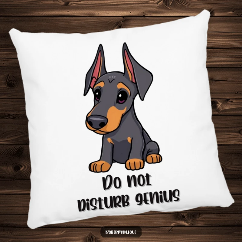 Funny Doberman Pillow: Sleek dog with alert ears looking thoughtfully curious, soft and humorous accent pillow for dog lovers.