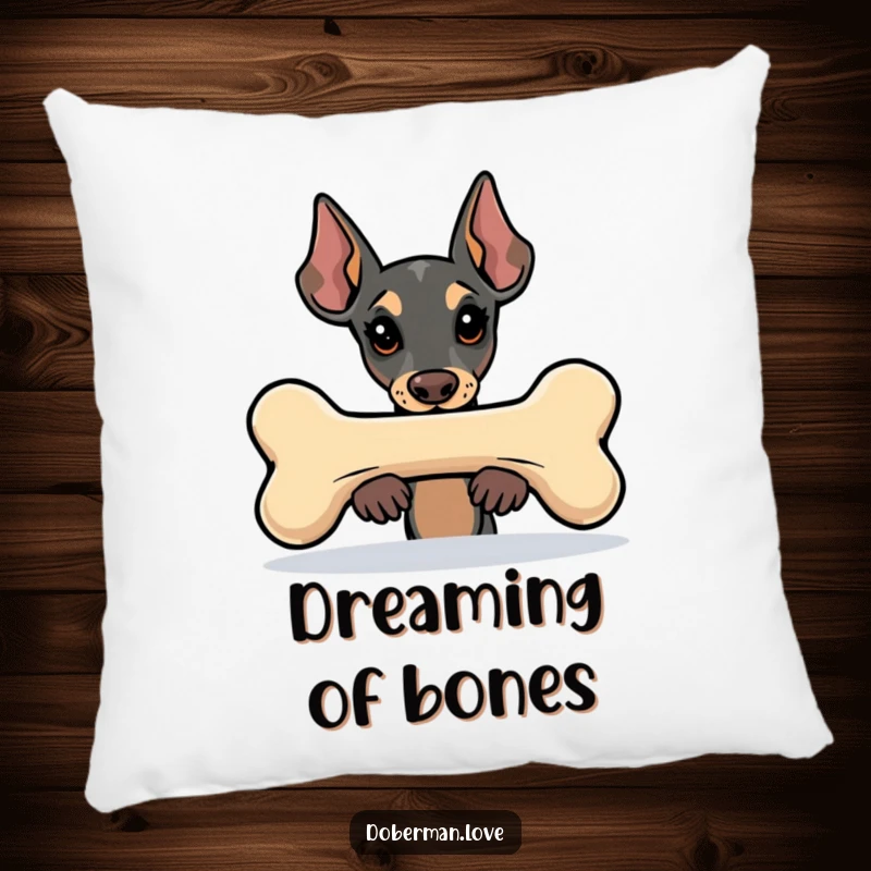 Funny Kawaii Doberman pillow showing a cute dog peeking from behind a large bone, offering comfort and humorous charm.