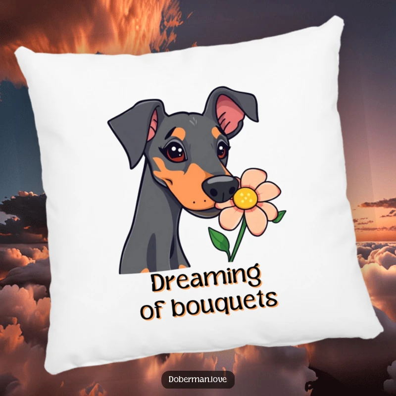 Funny doberman pillow showcasing a curious dog's close-up encounter with a vibrant flower, offering humorous comfort and charm.