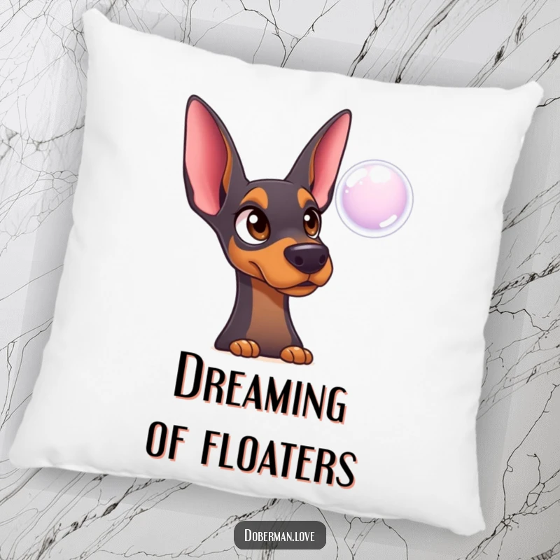 Funny Doberman Pillow: Surprised innocent dog watching a bubble, a cute and humorous accent pillow.