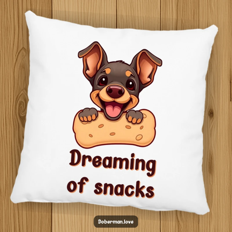 Funny Doberman Puppy Pillow featuring a cute puppy peeking from a giant dog biscuit. Soft and decorative cushion, ideal for beds and sofas.