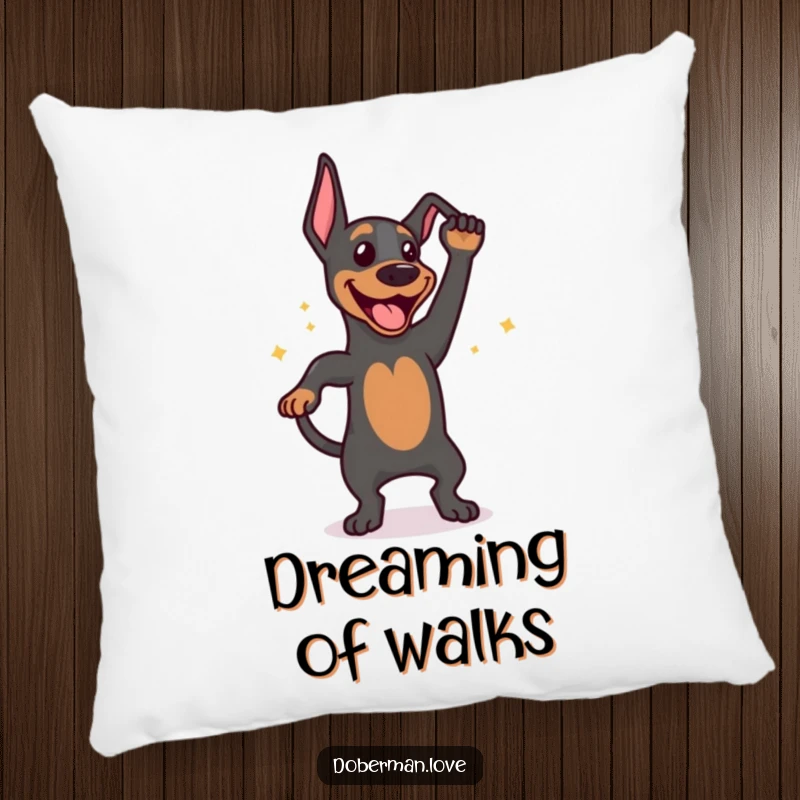 Funny pillow design of a happy Doberman dog in a tail wag dance, radiating excitement and perfect for adding humorous comfort.