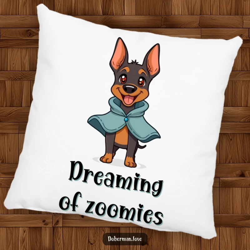 Funny Doberman Hero Pillow featuring a playful doberman barking happily with a small cape. Soft and decorative cushion, ideal for beds and sofas.
