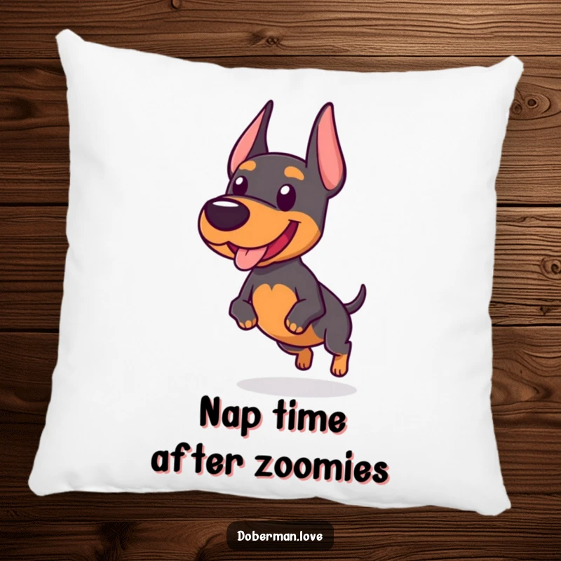 Funny pillow featuring a chubby Doberman dog in mid-wobbly trot, bringing comfort and a dose of humor to any room.