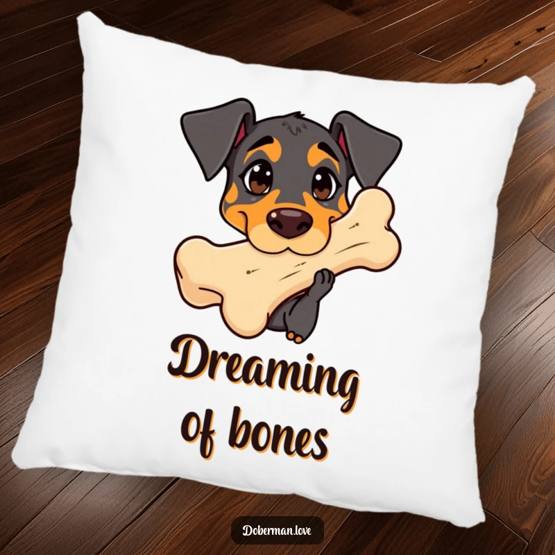 Funny Doberman Pillow: Cute kawaii dog with curious eyes sniffing a giant bone, a soft and whimsical accent.
