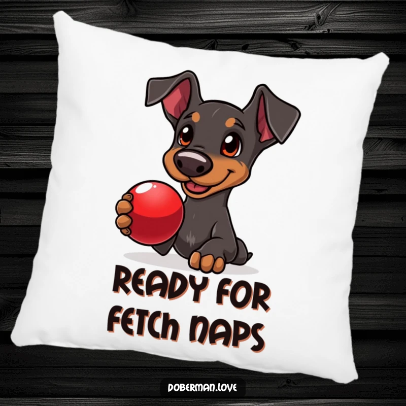 Funny Doberman pillow showing a delighted dog with loving eyes, offering a shiny red ball, symbolizing playtime.