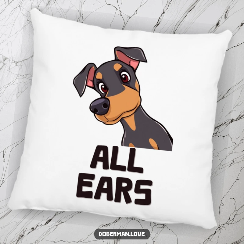 Funny Doberman pillow featuring a curious dog tilting its head with attentive eyes, adding comfort and endearing charm to any room.