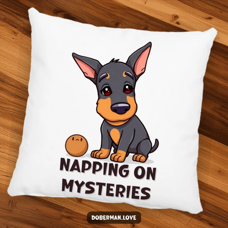 Funny Doberman pillow with a dog tilting its head curiously, sniffing an unknown item, offering humorous and comforting decor.