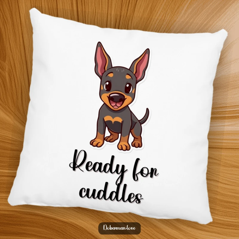 Funny pillow featuring a Doberman dog in a playful stance, ears perked and tail wagging. Soft, decorative, and humorous accent.