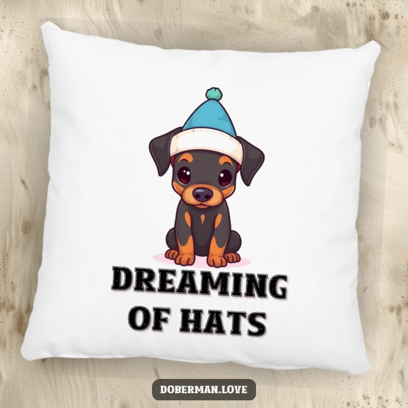 Funny pillow showcasing a Doberman puppy looking adorable yet confused with a tiny hat perched precariously on its head.