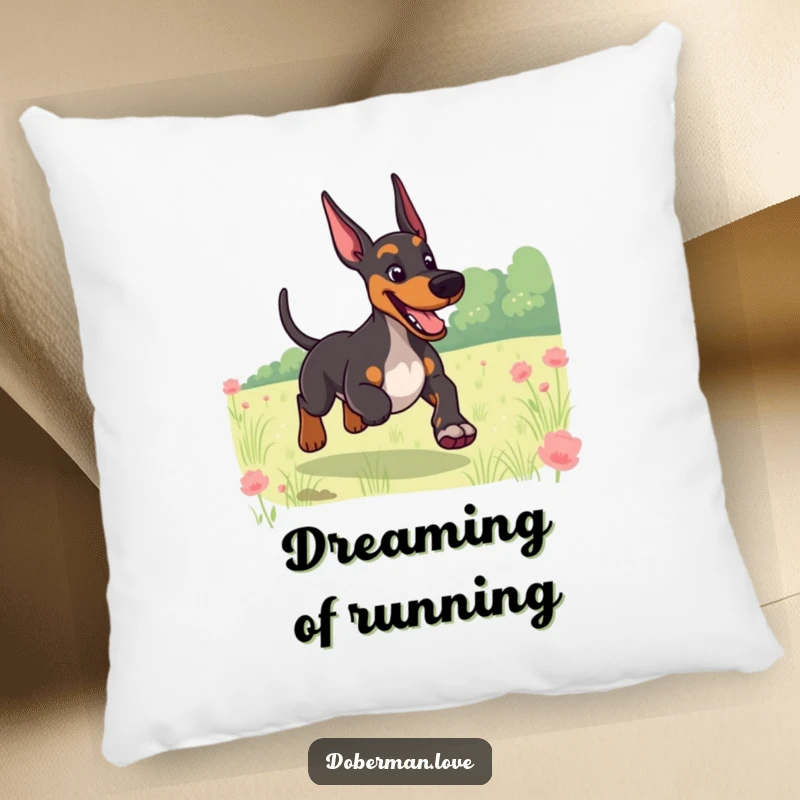 Funny pillow depicting a giggling Doberman with a wagging tail, running through a field, adding soft humor and comfort.