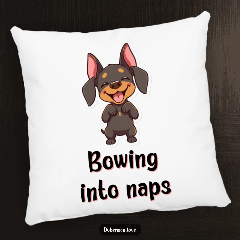 Funny Doberman pillow with a joyful dog, eyes closed, performing a playful bow, offering comfort and humor.