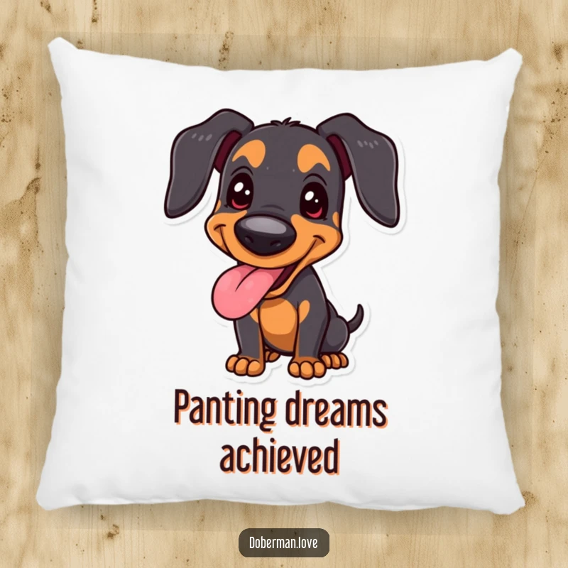 Funny joyful Doberman pillow with a happy panting dog in a proud stance, offering comfort and humorous contentment.