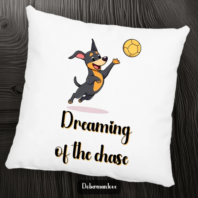Funny kawaii Doberman pillow featuring a playful dog leaping to catch a ball, adding soft comfort and cute, humorous action.