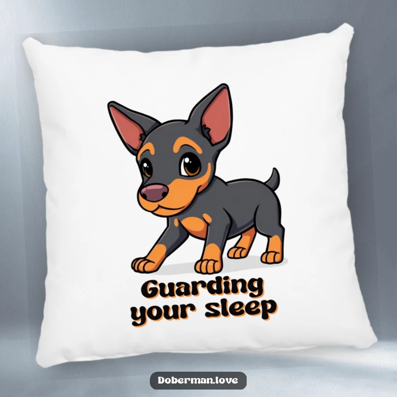 Funny Protective Doberman Throw Pillow: a sleek-eared kawaii dog in a protective stance, offering comfort and a touch of loyal humor.