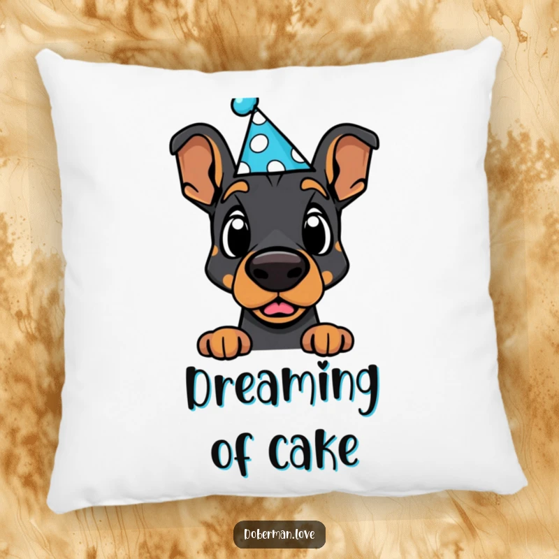 Funny Doberman Pillow: Cute kawaii dog wearing a party hat, looking hilariously surprised, soft and whimsical.