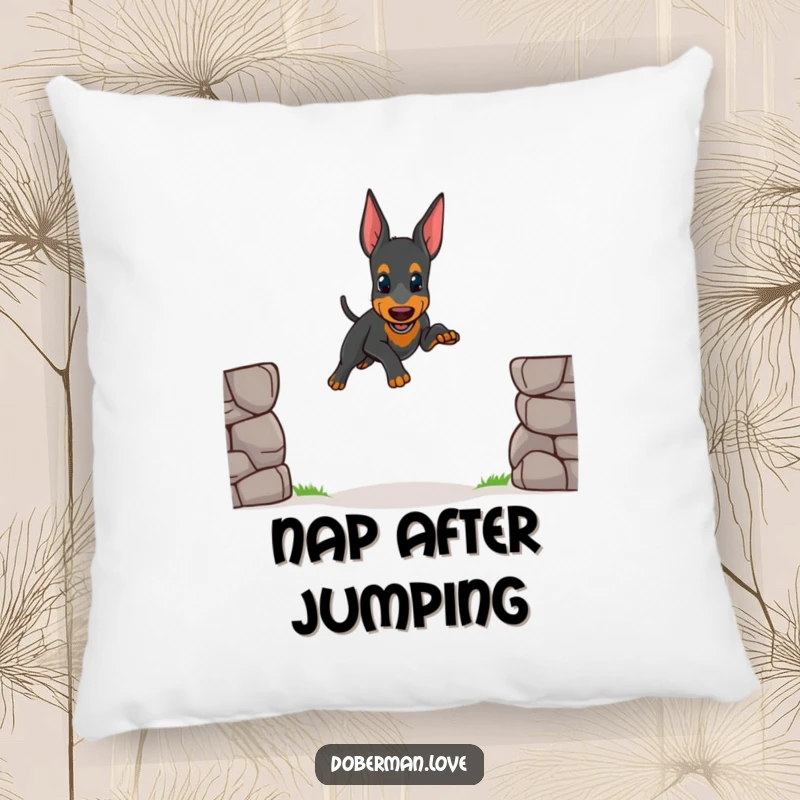 Funny pillow design of a small Doberman puppy mid-wobbly jump, capturing a moment of cute determination and adding humorous comfort.