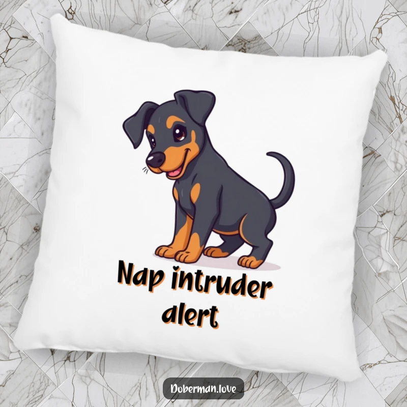 Funny Doberman puppy pillow featuring floppy ears and a wagging tail, soft and decorative, bringing puppy charm.