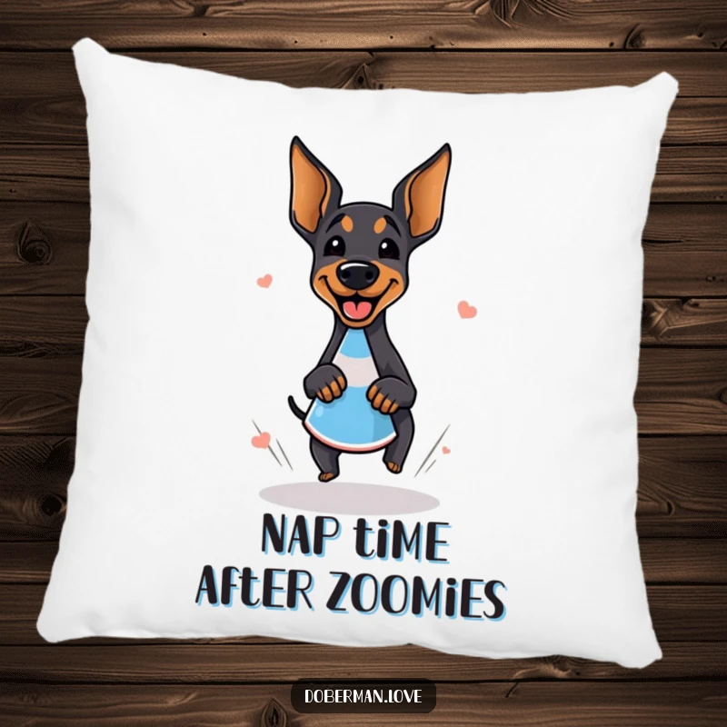 Funny doberman pillow design of a giggling dog doing a happy zoomie around a cone, ideal for adding comfort and humor.