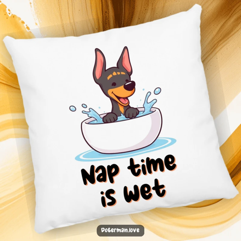Funny Doberman Pillow: Cute kawaii dog gleefully splashing in water, a soft and humorous accent piece.