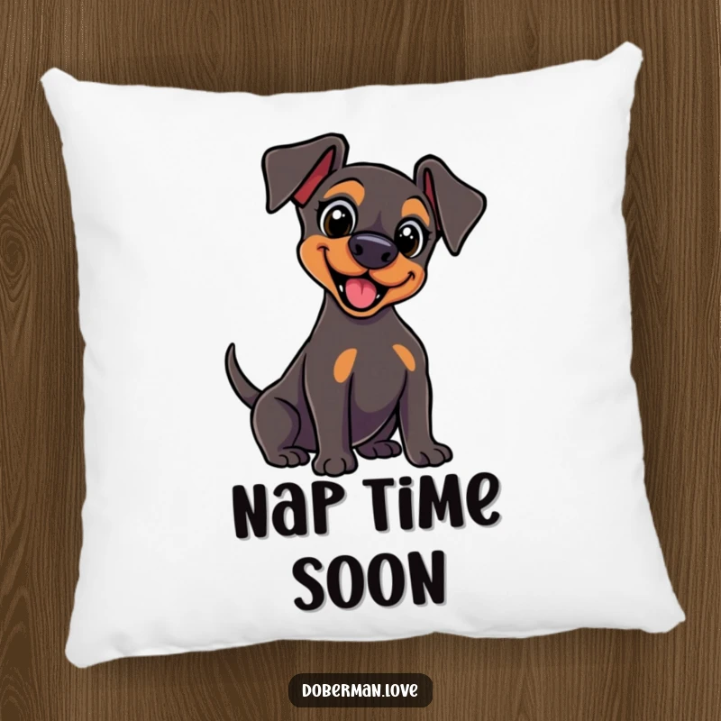 Funny kawaii Doberman pillow with wide, excited eyes and a vigorously wagging tail, offering comfort and energetic charm.