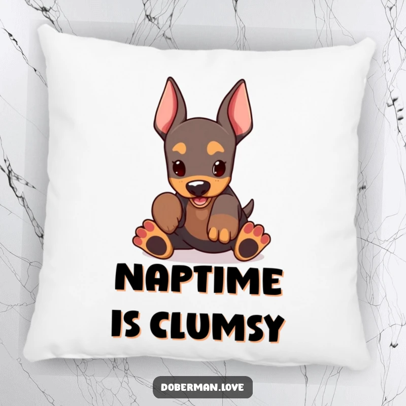 Funny Doberman Pillow with a kawaii doberman puppy, huge paws in motion, playing with infectious energy, perfect for comfort and laughs.