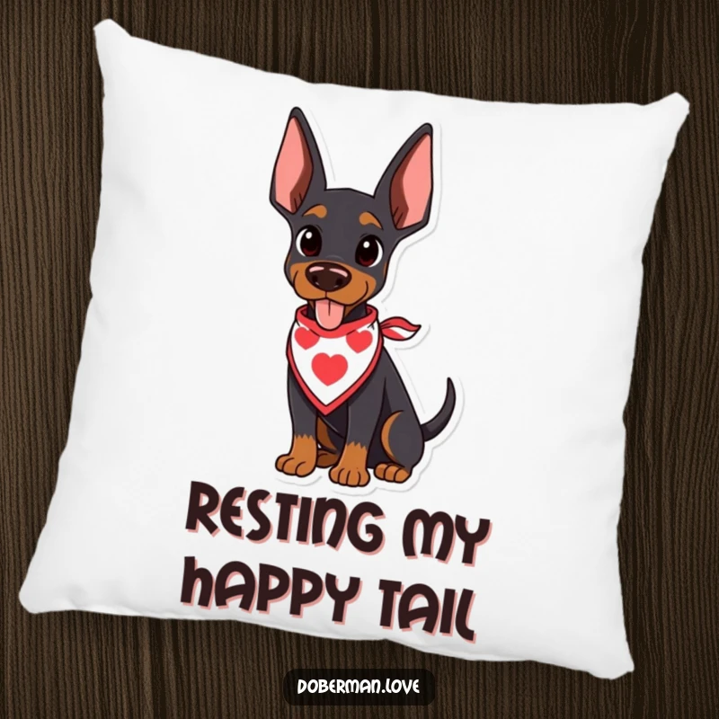 Funny Doberman Pillow with a kawaii doberman puppy in a bandana, its tail wagging happily, perfect for comfort and smiles.