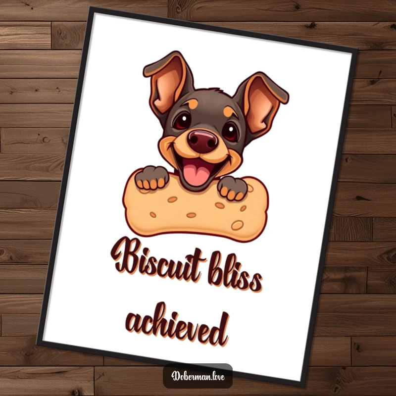 Funny Doberman Puppy Digital Art Print featuring a cute puppy peeking from a giant dog biscuit. Whimsical dog illustration, perfect for wall art and immediate download.