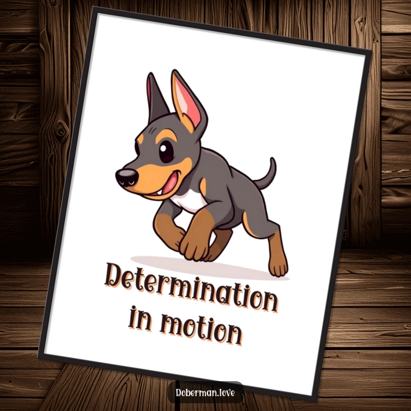 Funny Doberman puppy digital art print of an energetic puppy in mid-pounce with determination, showcasing focus and playful power.